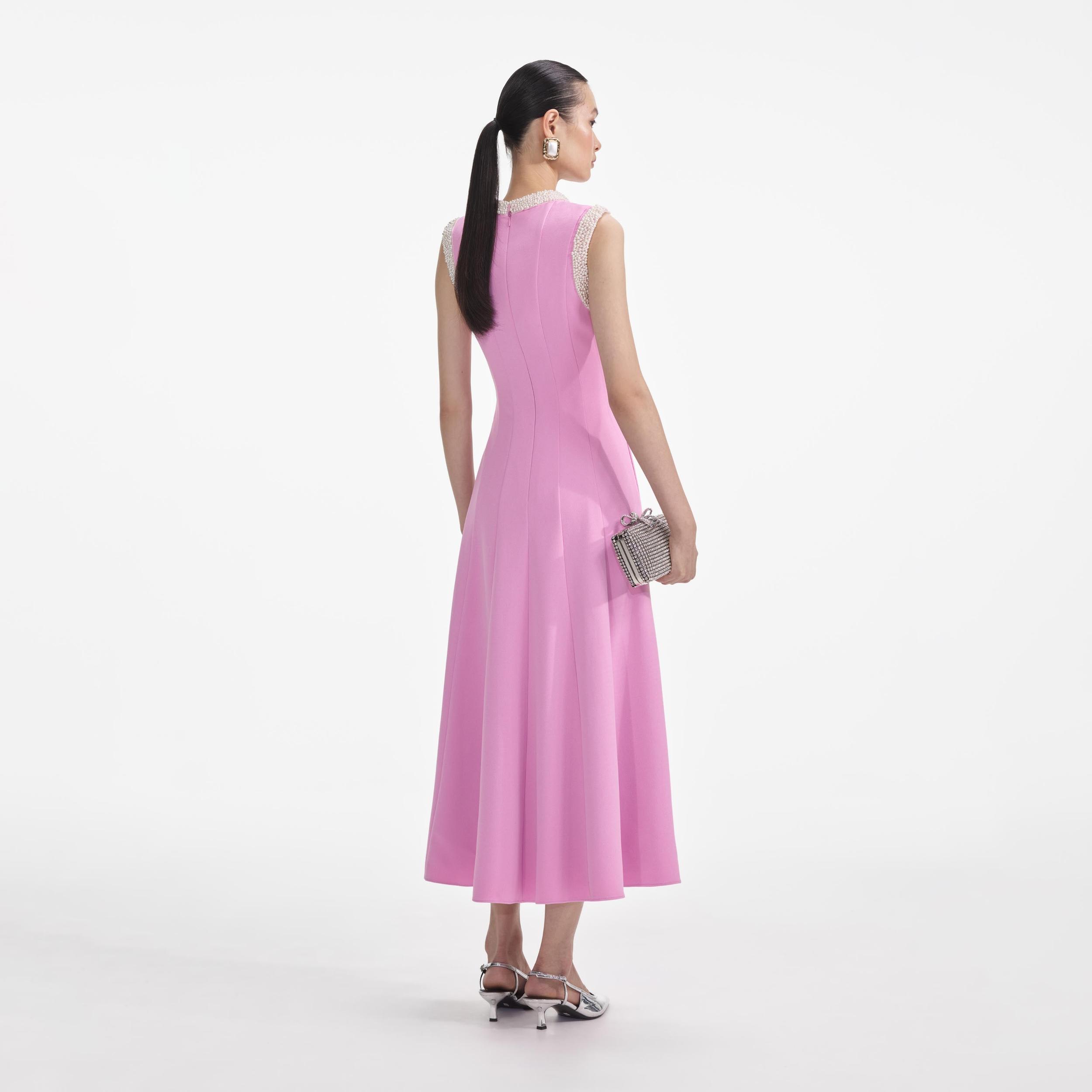 Pink Crepe Pearl Trim Midi Dress Product Image