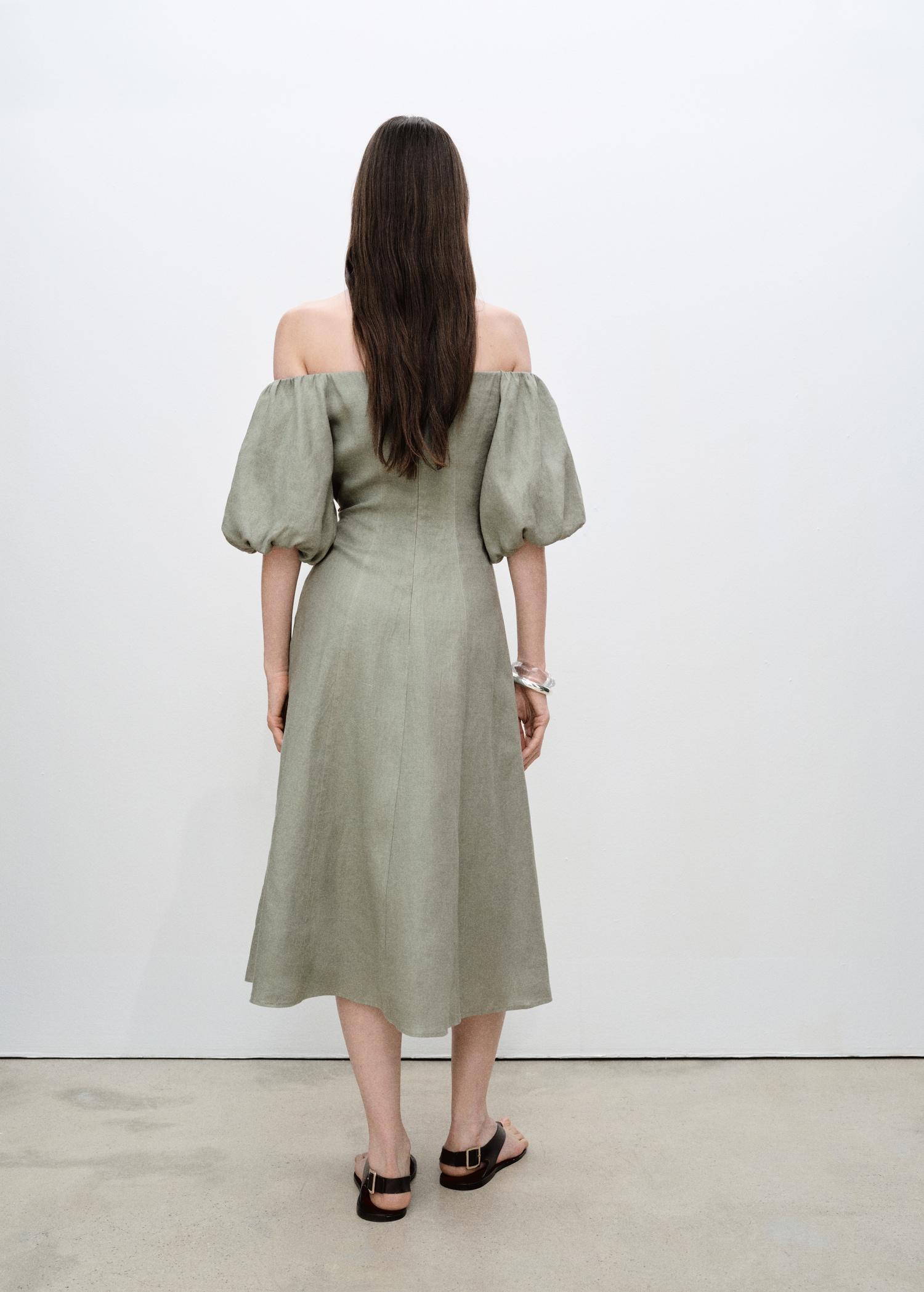 Puffed-sleeve linen dress - Women | MANGO USA Product Image