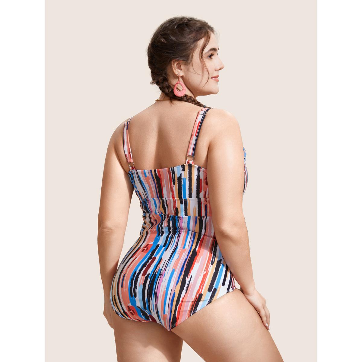 Plus Size Brush Print Wrap Ruched One Piece Swimsuit Women's Swimwear Multicolor Beach Contrast Curve Bathing Suits High stretch One Pieces BloomChic 18-20/2X Product Image