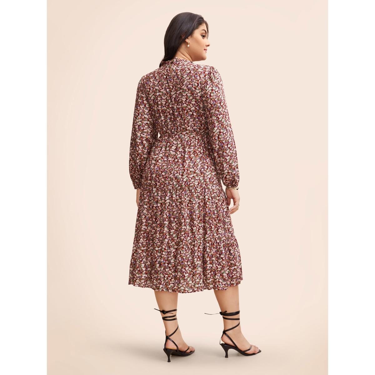 Plus Size Ditsy Floral Shirred Pocket Pleated Frill Trim Dress Scarlet Women Elegant Elastic cuffs Round Neck Long Sleeve Curvy Midi Dress BloomChic 30/6X Product Image