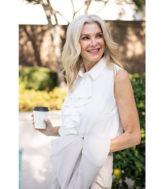 Ming Wang x Tanya Foster Crepe De Chine Point Collar Waterfall Neck Sleeveless Blouse Product Image