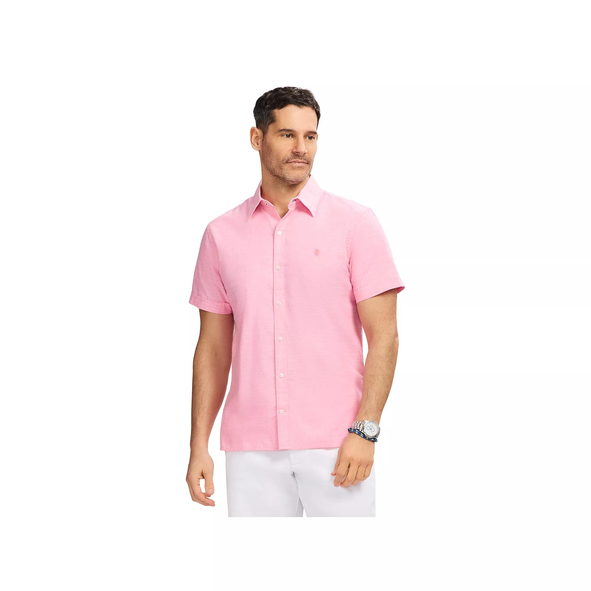 Men's IZOD Madras Short Sleeve Button Down Shirt, Size: Large, Pink Carnation Product Image
