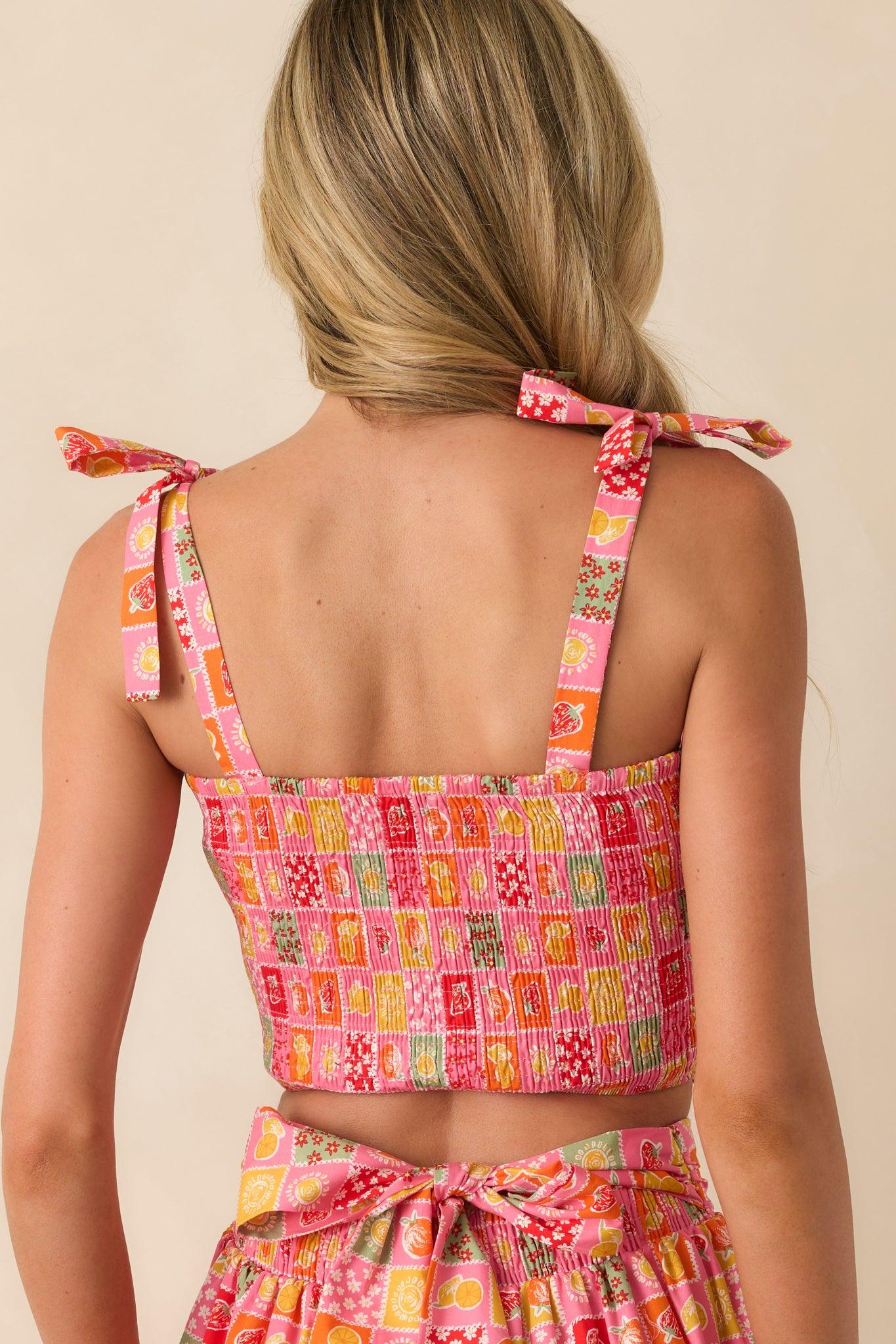 Shore Thing Pink Multi Patchwork Print Smocked Crop Top Product Image