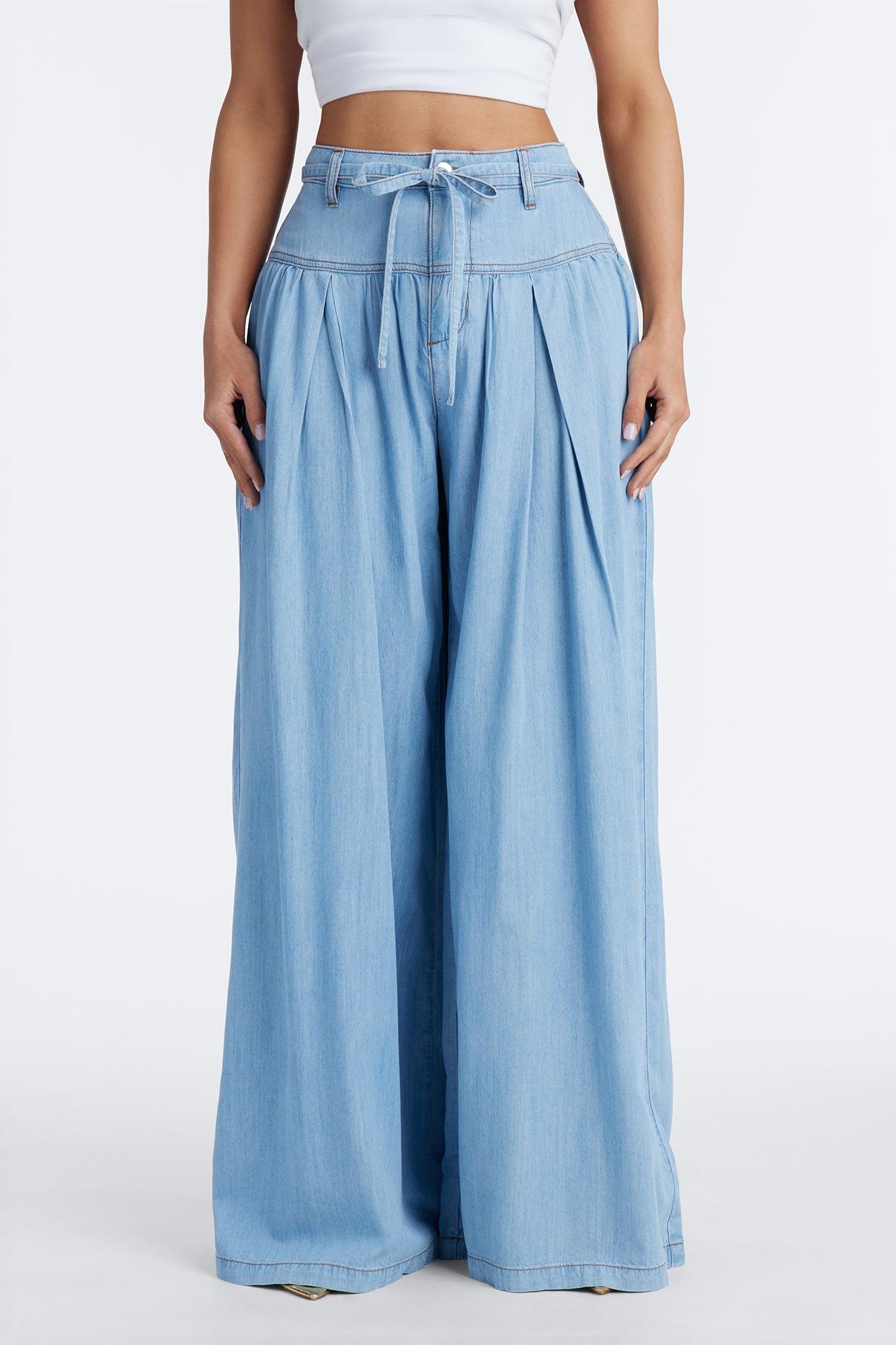 Golden Hour Chambray Tie Waist Pant 33″ - Light Wash Female Product Image