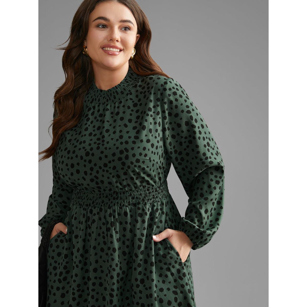 Plus Size Polka Dot Shirred Frill Trim Dress DarkGreen Women At the Office Frill Trim Mock Neck Long Sleeve Curvy BloomChic 18-20/2X Product Image