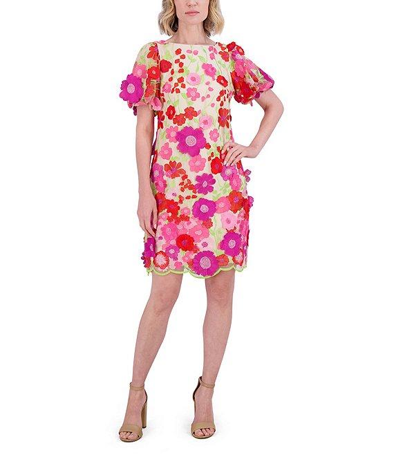 Eliza J 3D Embroidered Floral Mesh Boat Neck Short Sleeve Sheath Mini Dress Product Image