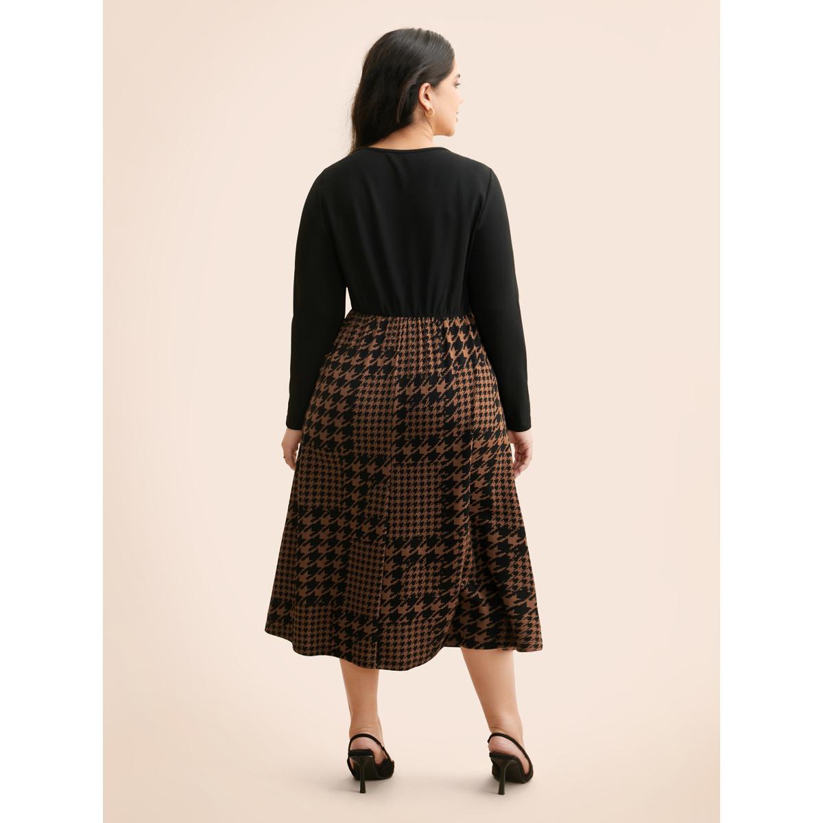 Plus Size Houndstooth Patchwork Cut Out Midi Dress Browncoffeecolor Women At the Office Patchwork Round Neck Long Sleeve Curvy BloomChic 14-16/1X Product Image