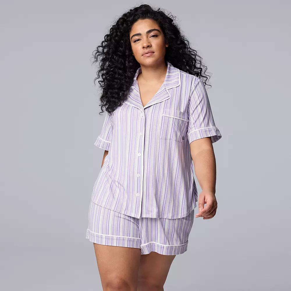 Plus Size Simply Vera Vera Wang Cozy Short Sleeve Notch Collar Pajama Top & Boxer Pajama Shorts Set, Women's, Size: 2XL, Purple Stripe Product Image