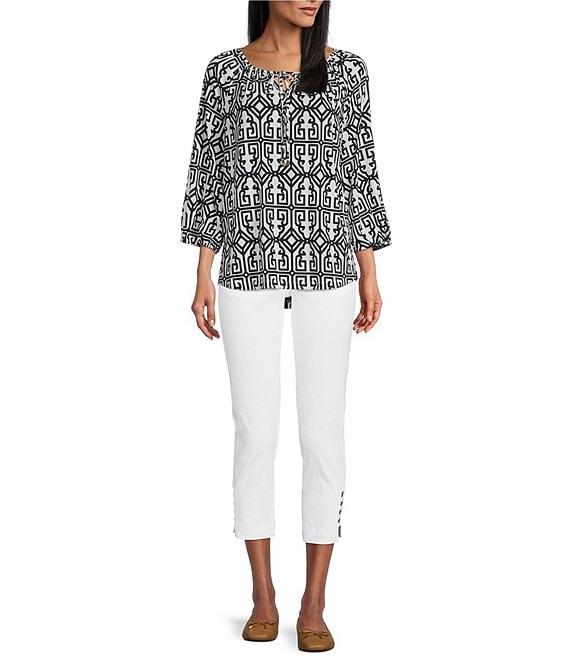 Multiples Knit Printed Split V-Neck 3/4 Raglan Sleeve Hi-Low Hem Peasant Top Product Image