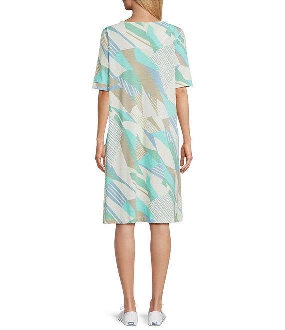 Multiples Slub Knit Abstract Multi Scoop Neck Elbow Sleeve Dress Product Image