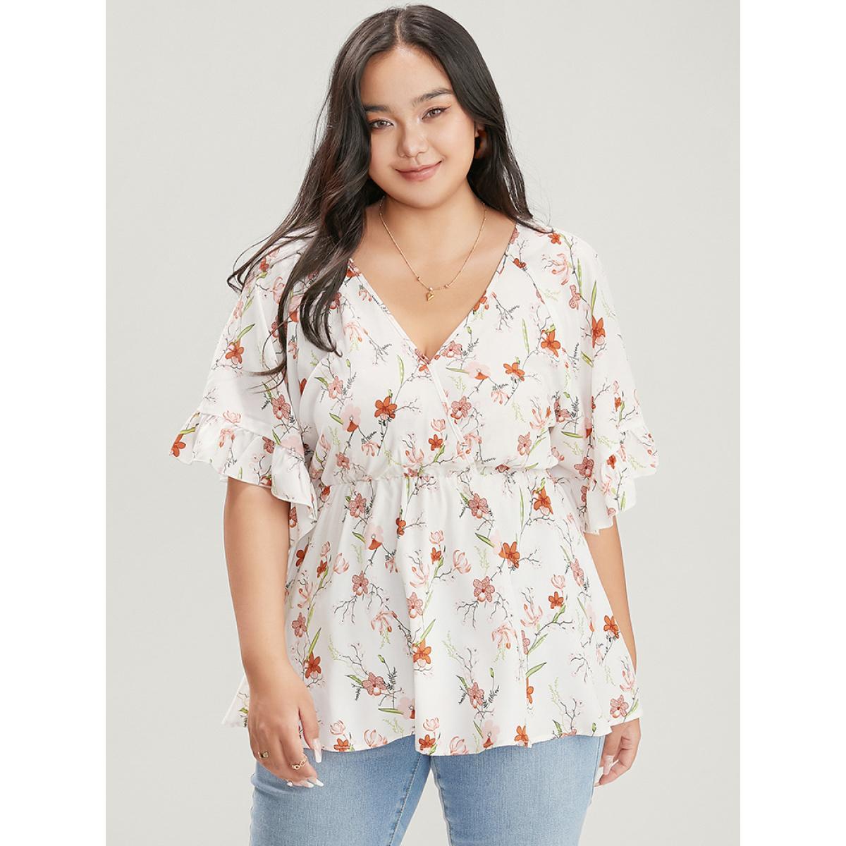 Plus Size White Floral Print Ruffles Flounce Sleeve Surplice Neck Blouse Women Elegant Short sleeve V-neck Dailywear Blouses BloomChic 10/M Product Image