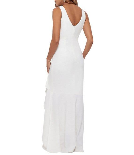 Betsy & Adam Sleeveless V-Neck Spiral Ruffle Cascade Gown Product Image