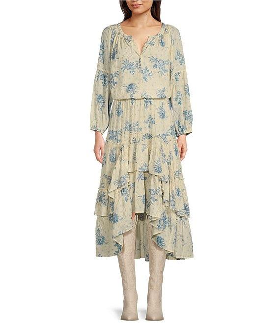 Talisman Bluebell Print Aquarius Button Front Split V-Neck Raglan Long Sleeve Top Product Image