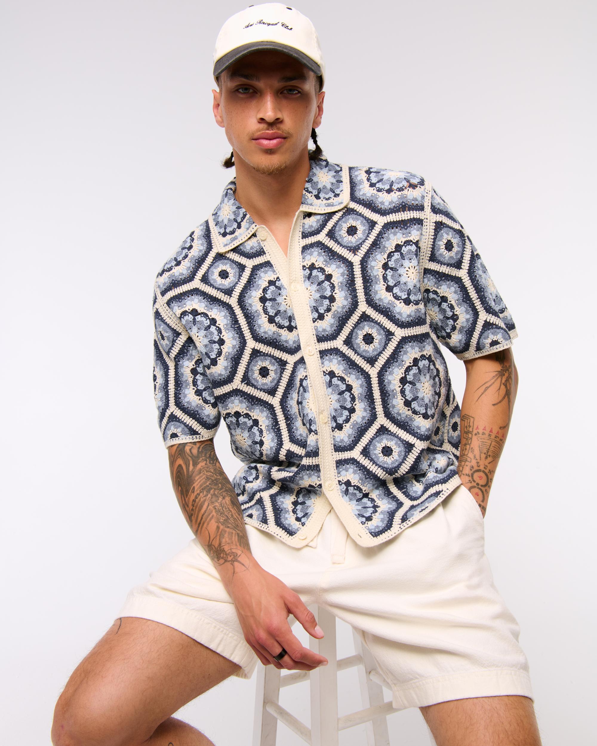 Crochet-Style Border Stripe Button-Through Sweater Polo Product Image