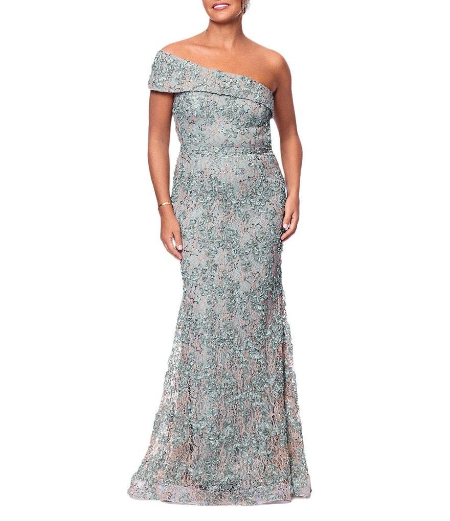 Xscape Soutache Lace Floral Print One-Shoulder Neck Sleeveless Sheath Gown Product Image