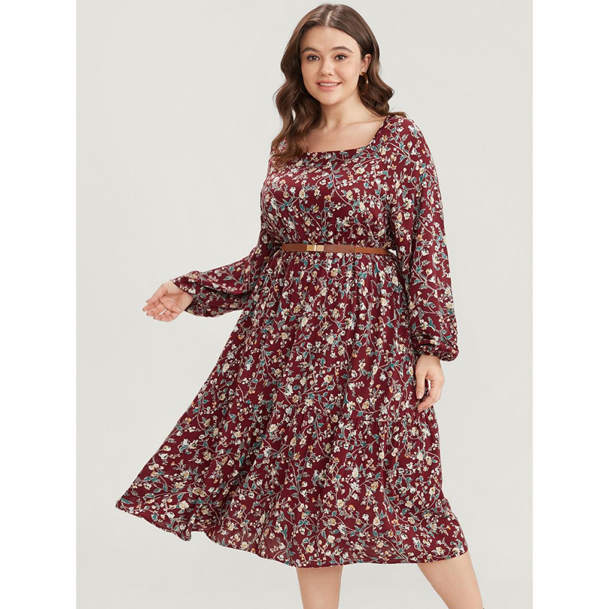 Plus Size Floral Pocket Lantern Sleeve Square Neck Flutter Dress Scarlet Women Elegant Tiered Square Neck Long Sleeve Curvy Midi Dress BloomChic 12/L Product Image