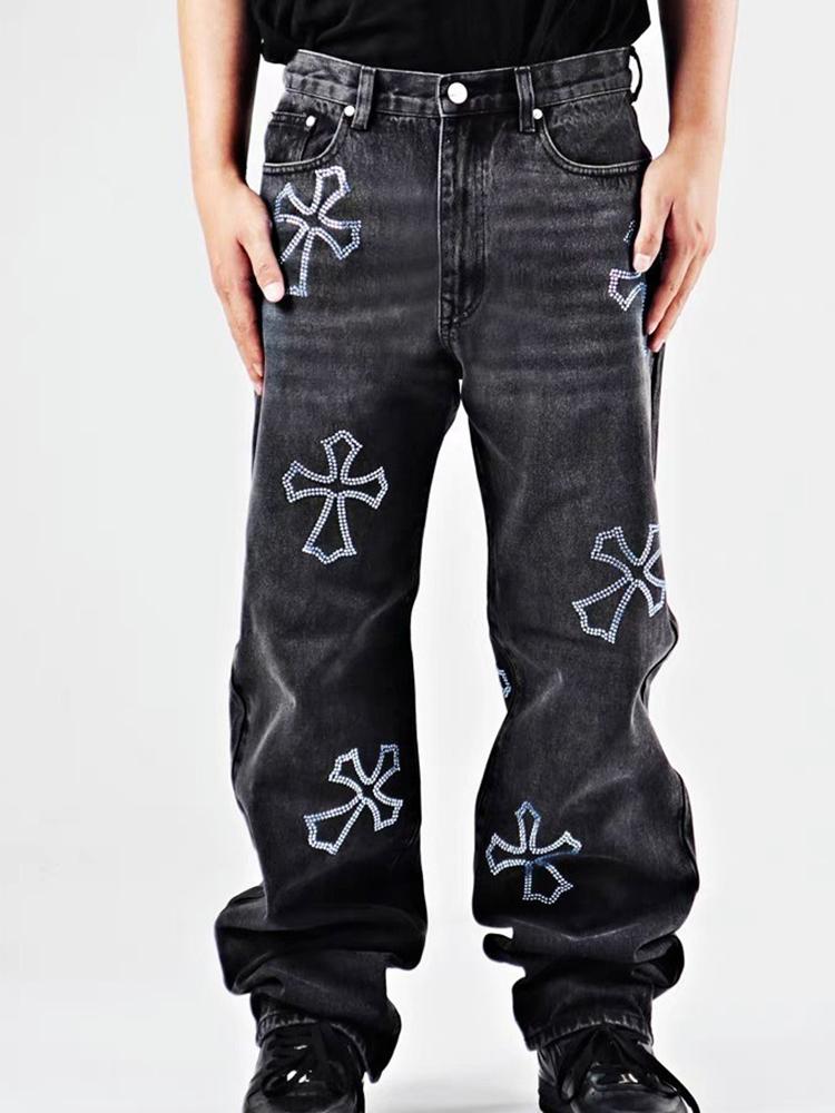 Men's Street Ecross Rhinestone Denim Straight Pants Product Image