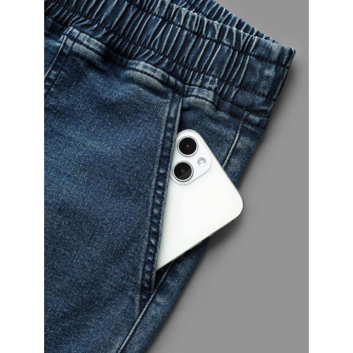 Plus Size Drawstring Stretchy Waist Pocket Jeans Women Denimindigo Casual Drawstring Medium stretch Slanted pocket Jeans BloomChic 18/2X Product Image