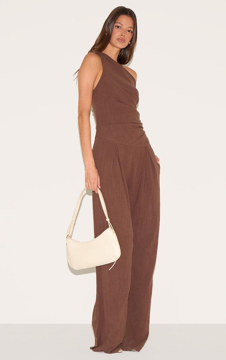 Chocolate Twist Sleeve Linen Ruched One Sleeve Jumpsuit Product Image