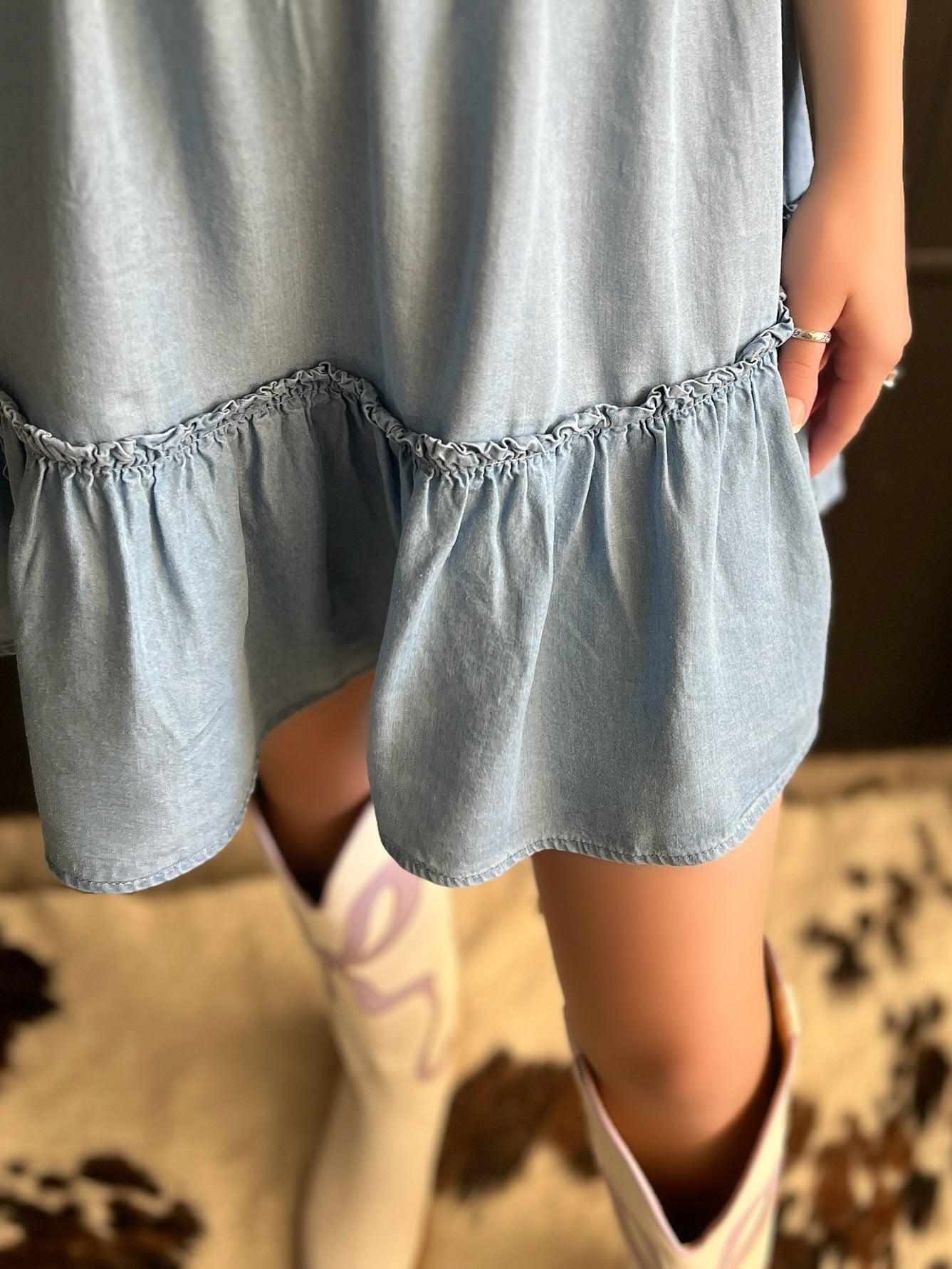 Chambray Denim Ruffle Mini Dress Product Image