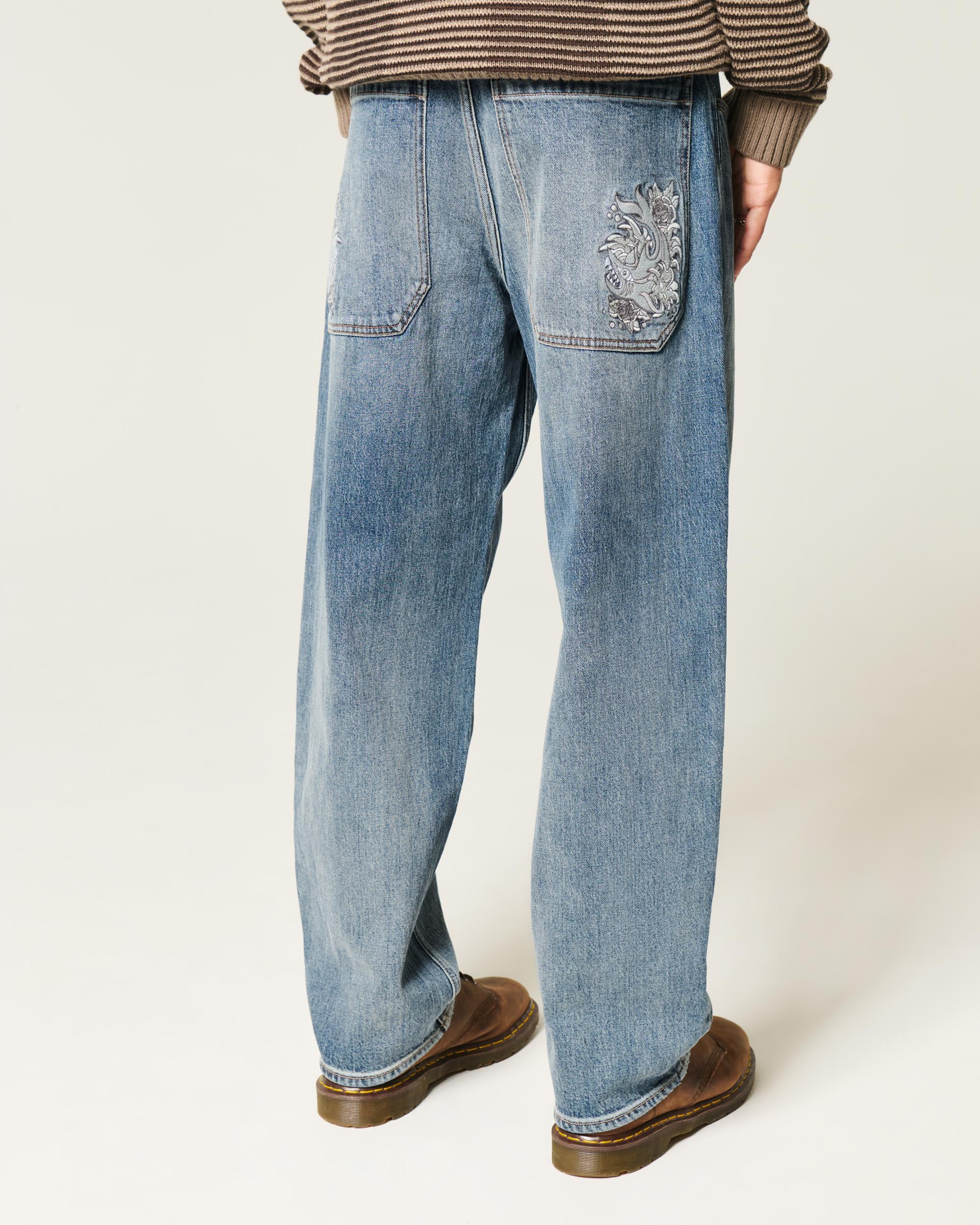 Dark Wash Embroidered Skater Baggy Jeans Product Image