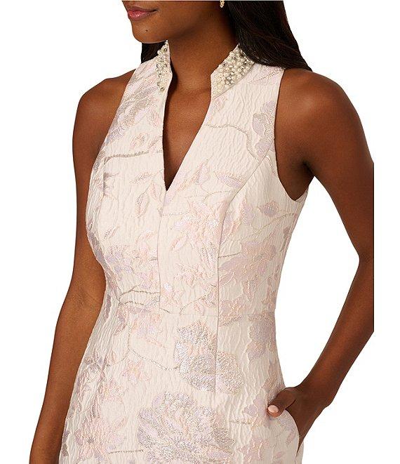 Adrianna Papell Floral Jacquard V-Neck Sleeveless Pearl Trim A-Line Dress Product Image