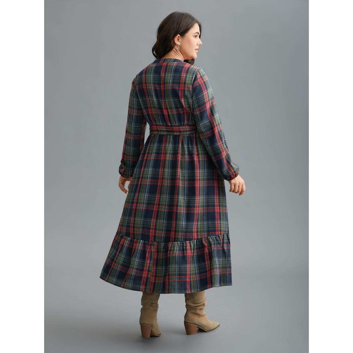Plus Size Festive Notched Collar Plaid Dress Navy Women Elegant Belted Flat collar with V-notch Long Sleeve Curvy BloomChic 26/4X Product Image