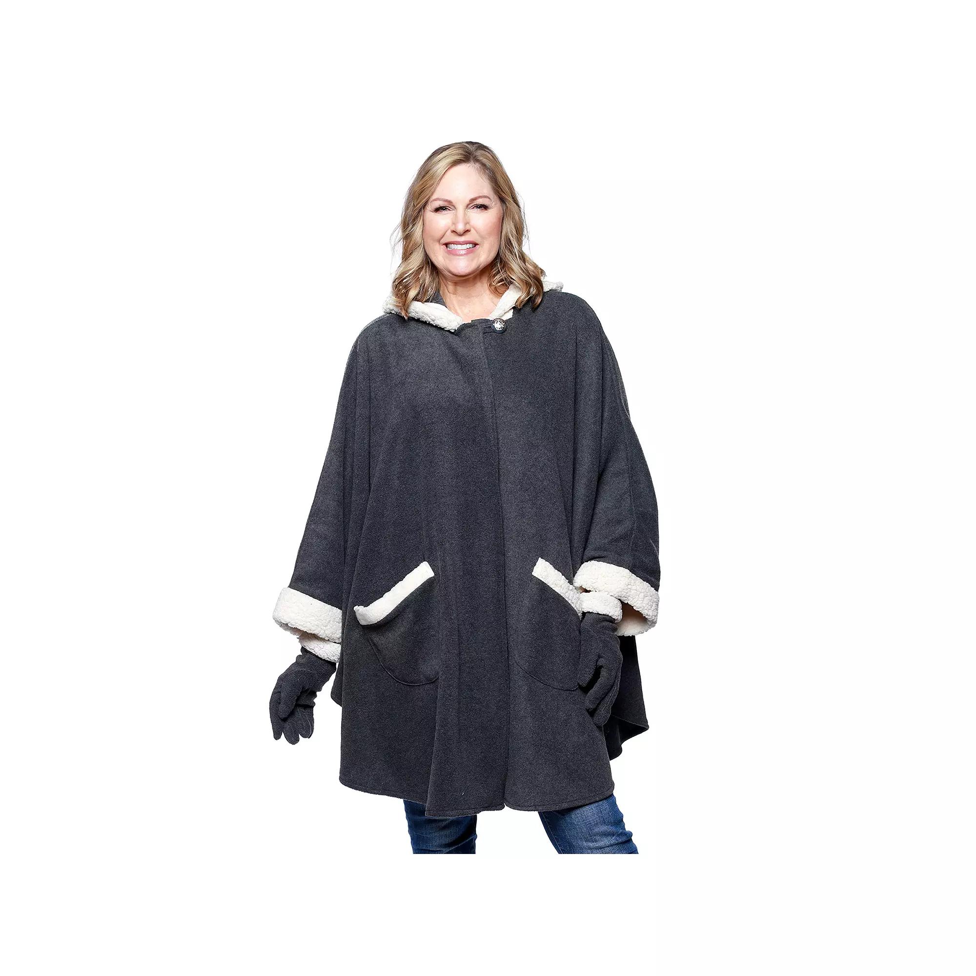 Women's Le Moda Hooded Knit Fleece Wrap with Cream Sherpa Trim & Matching Gloves, Grey Product Image