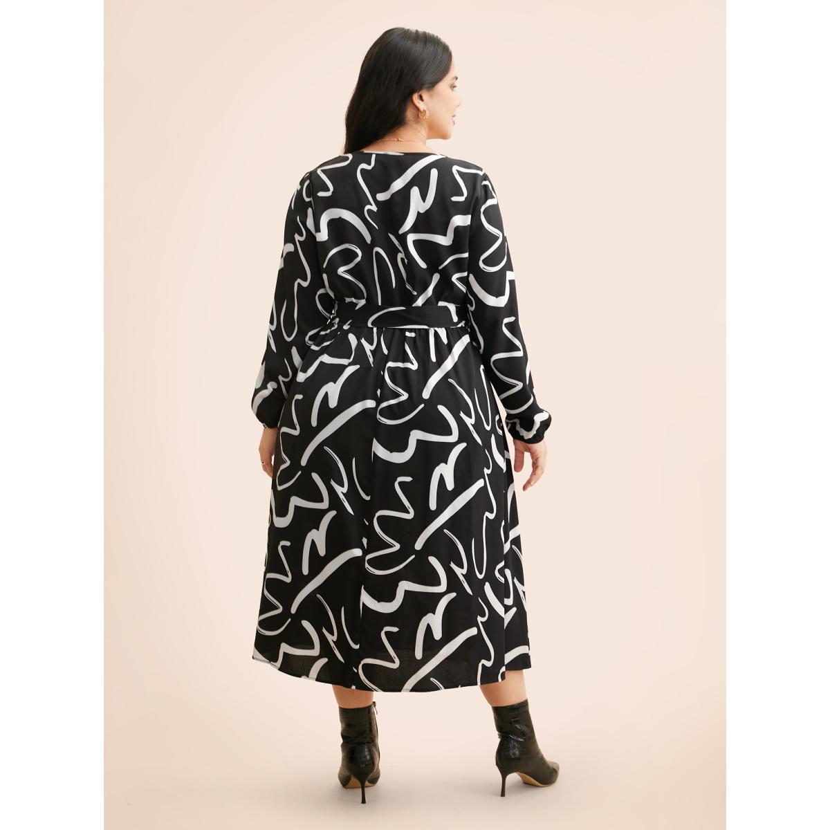 Plus Size Geometric Overlap Collar Midi Dress BlackFlower Women At the Office Belted Overlap Collar Long Sleeve Curvy BloomChic 14-16/1X Product Image