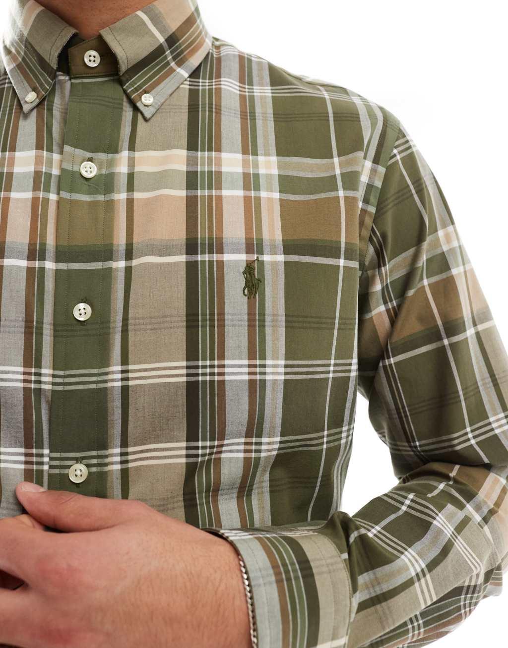 Polo Ralph Lauren icon logo check stretch poplin shirt in dark green Product Image