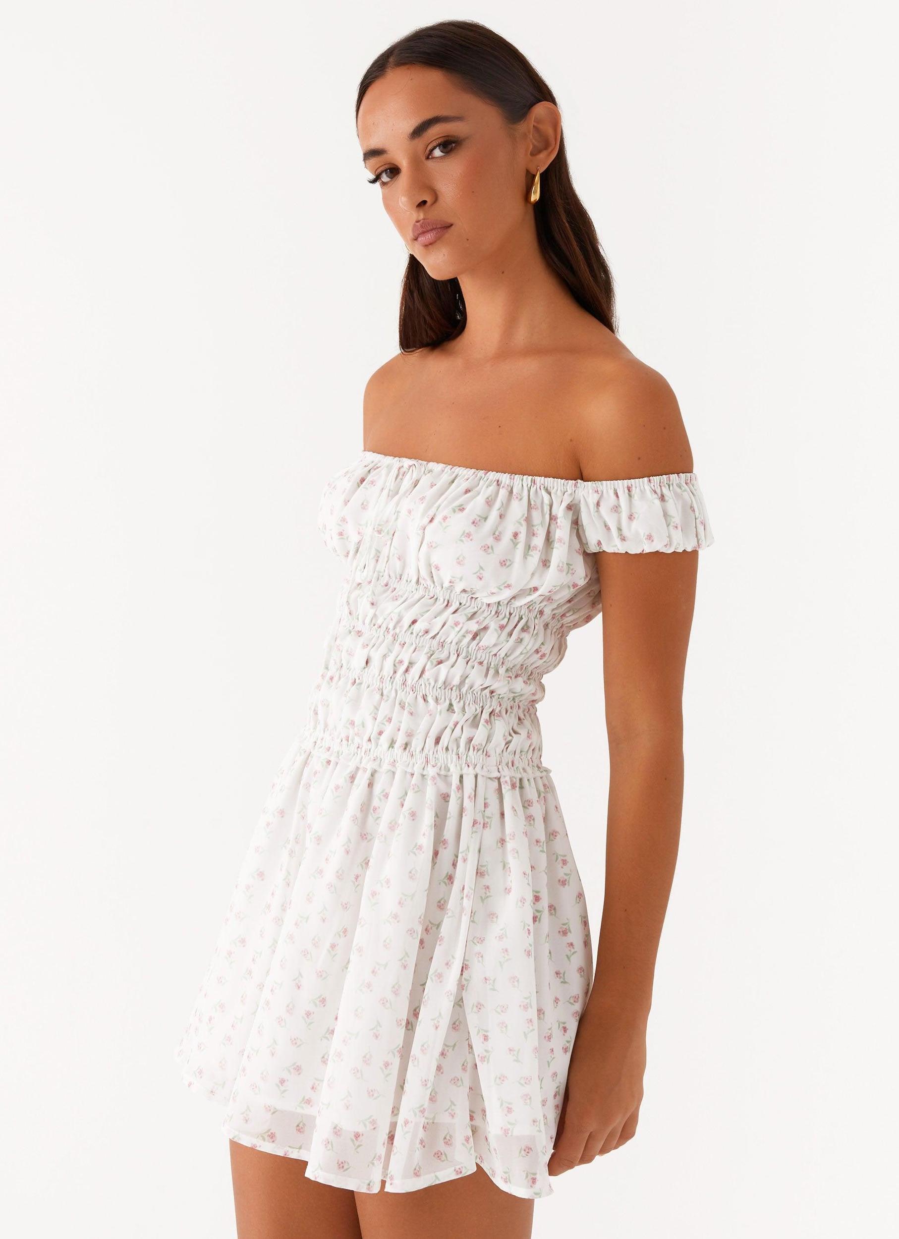 Total Bliss Shirred Mini Dress - White Floral Product Image