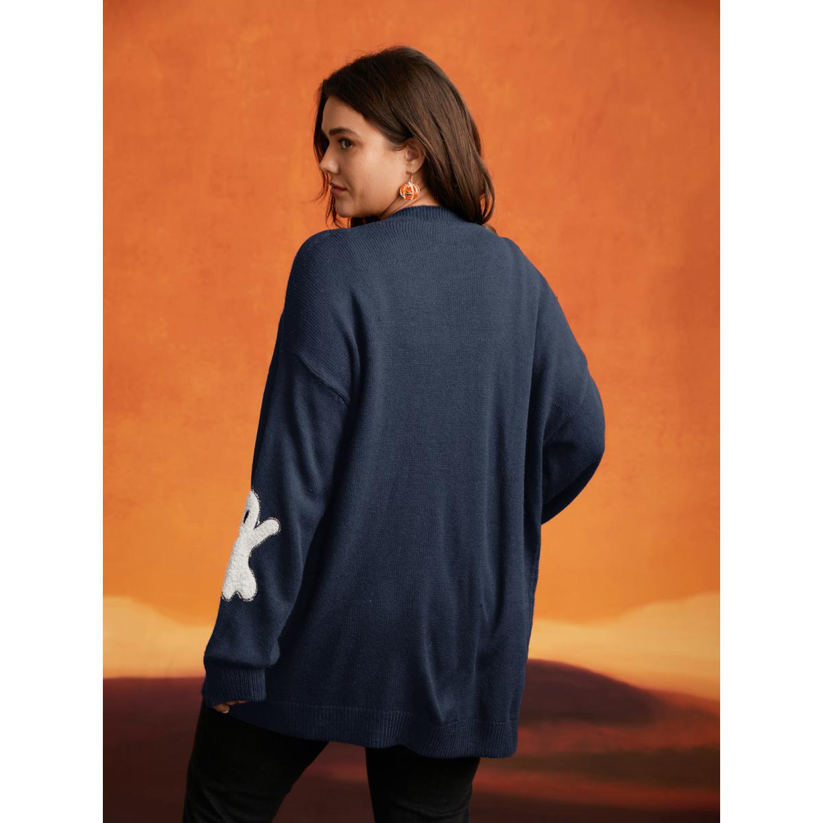 Plus Size Pumpkin Ghost Embroidery Open Cardigan Indigo Women Playful Loose Long Sleeve Casual Cardigans BloomChic 26/4X Product Image