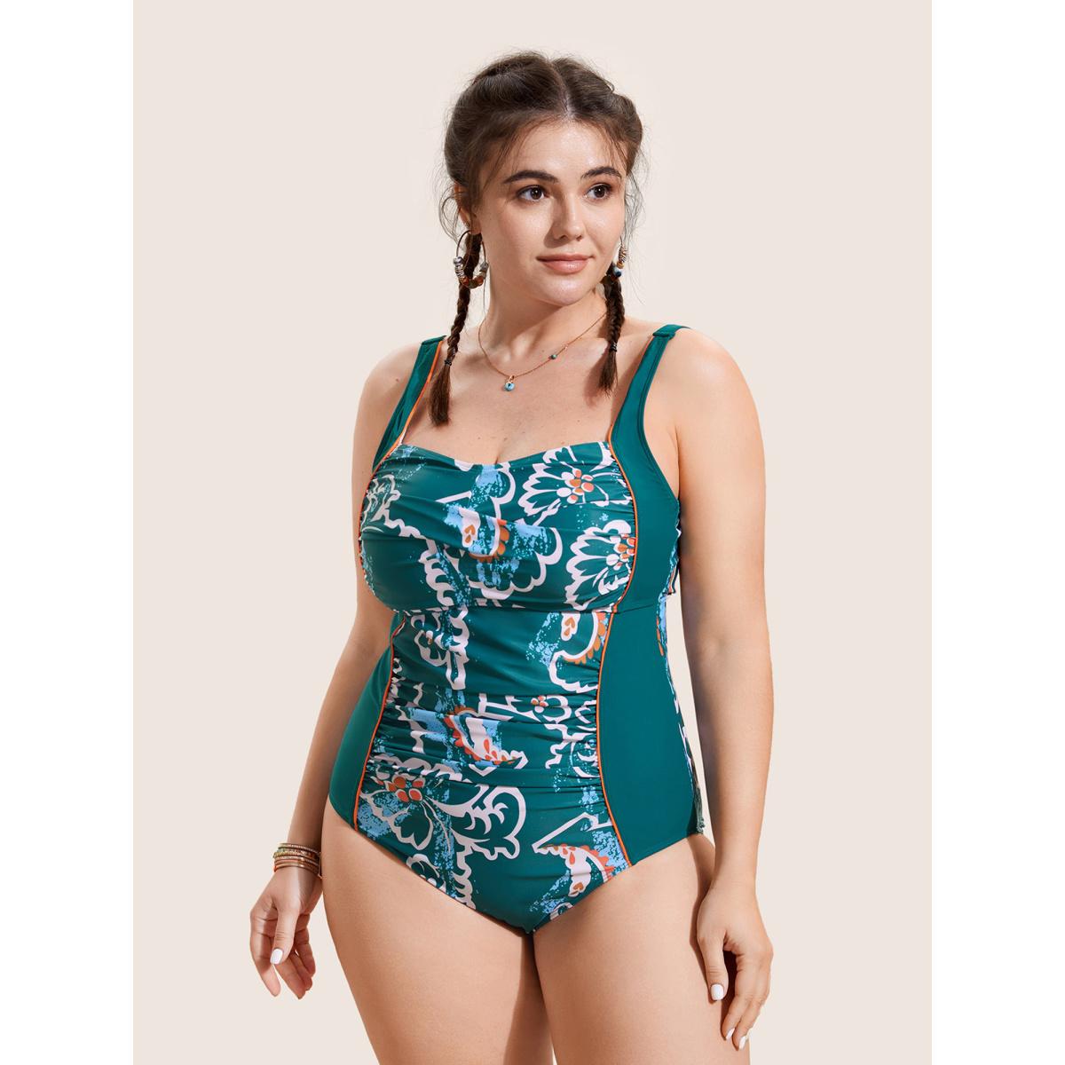 Plus Size Abstract Floral Patchwork Twist One Piece Swimsuit Women's Swimwear Cyan Beach Twist Curve Bathing Suits High stretch One Pieces BloomChic 22-24/3X Product Image