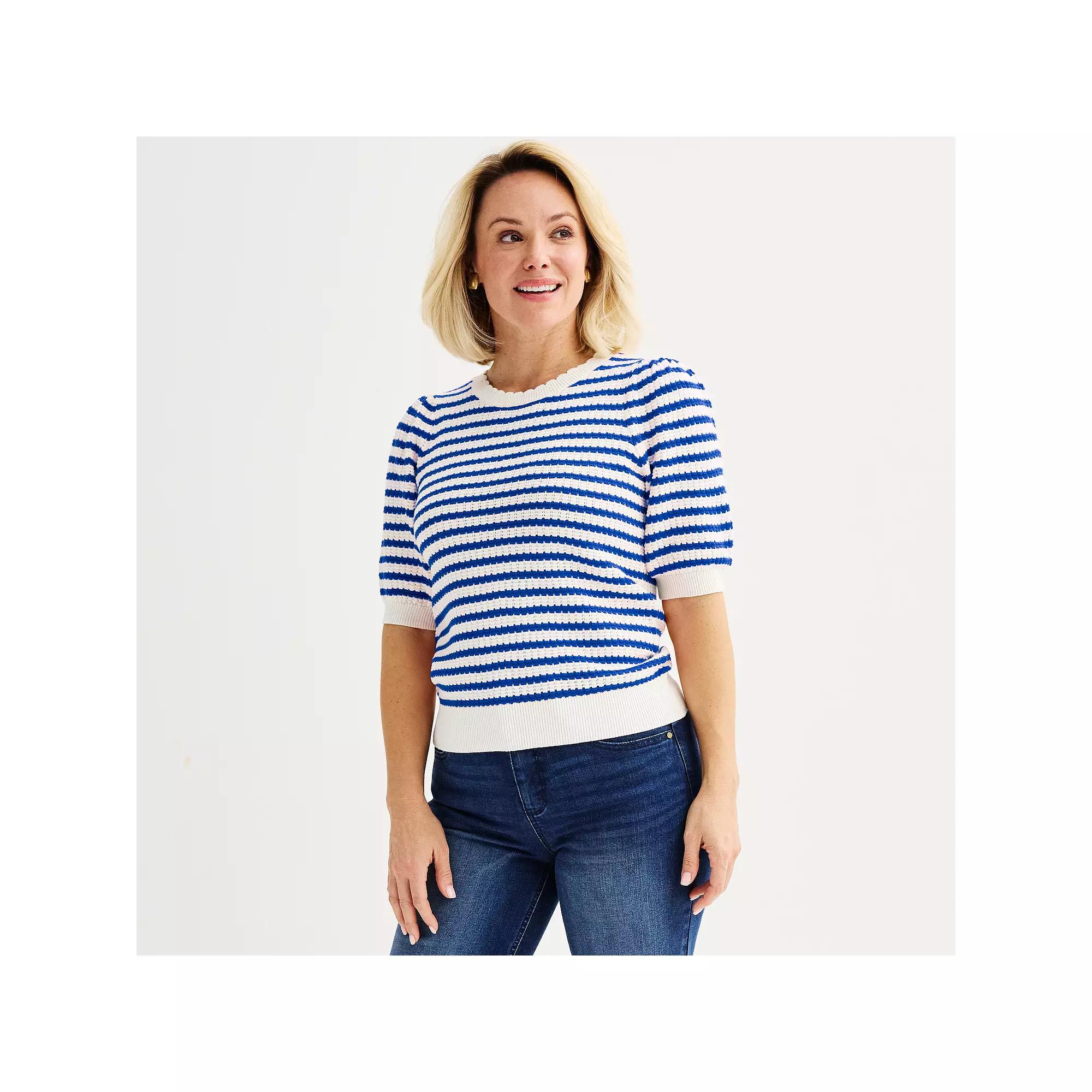 Women's Draper James Puffed Short Sleeve Striped Sweater, Size: XL, Blue Stripe Product Image
