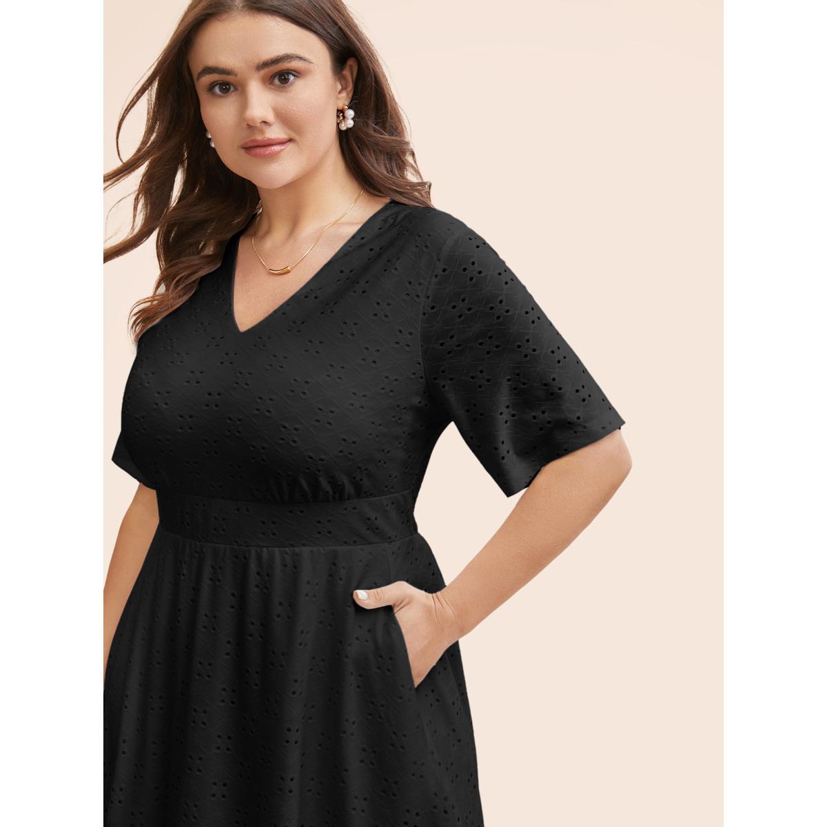 Plus Size Solid Pocket Laser Cut Surplice Neck Knee Dress Black Women Elegant Pocket V-neck Short sleeve Curvy Knee Dress BloomChic 12/L Product Image