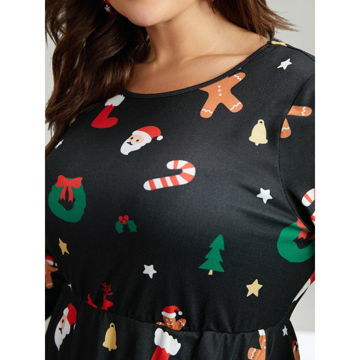 Plus Size Christmas Print Pocket Elastic Waist Dress Multicolor Women Casual Printed Round Neck Long Sleeve Curvy Midi Dress BloomChic 22-24/3X Product Image