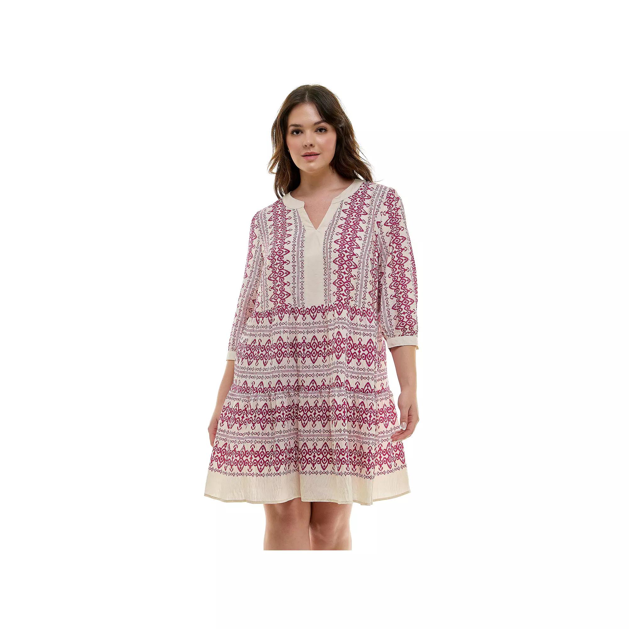 Plus Size Figueroa & Flower V-Neck Printed Baby Doll Dress, Women's, Size: 2XL, Cream Pink Product Image