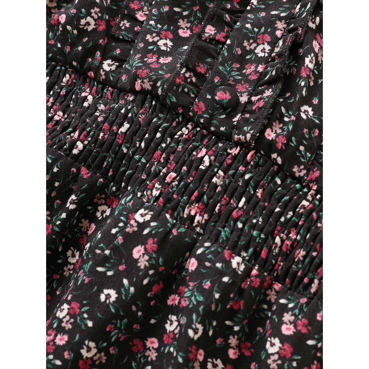 Plus Size Black Ditsy Floral Shirred Frill Trim Blouse Women Elegant Short sleeve Notched collar Everyday Blouses BloomChic 26/4X Product Image