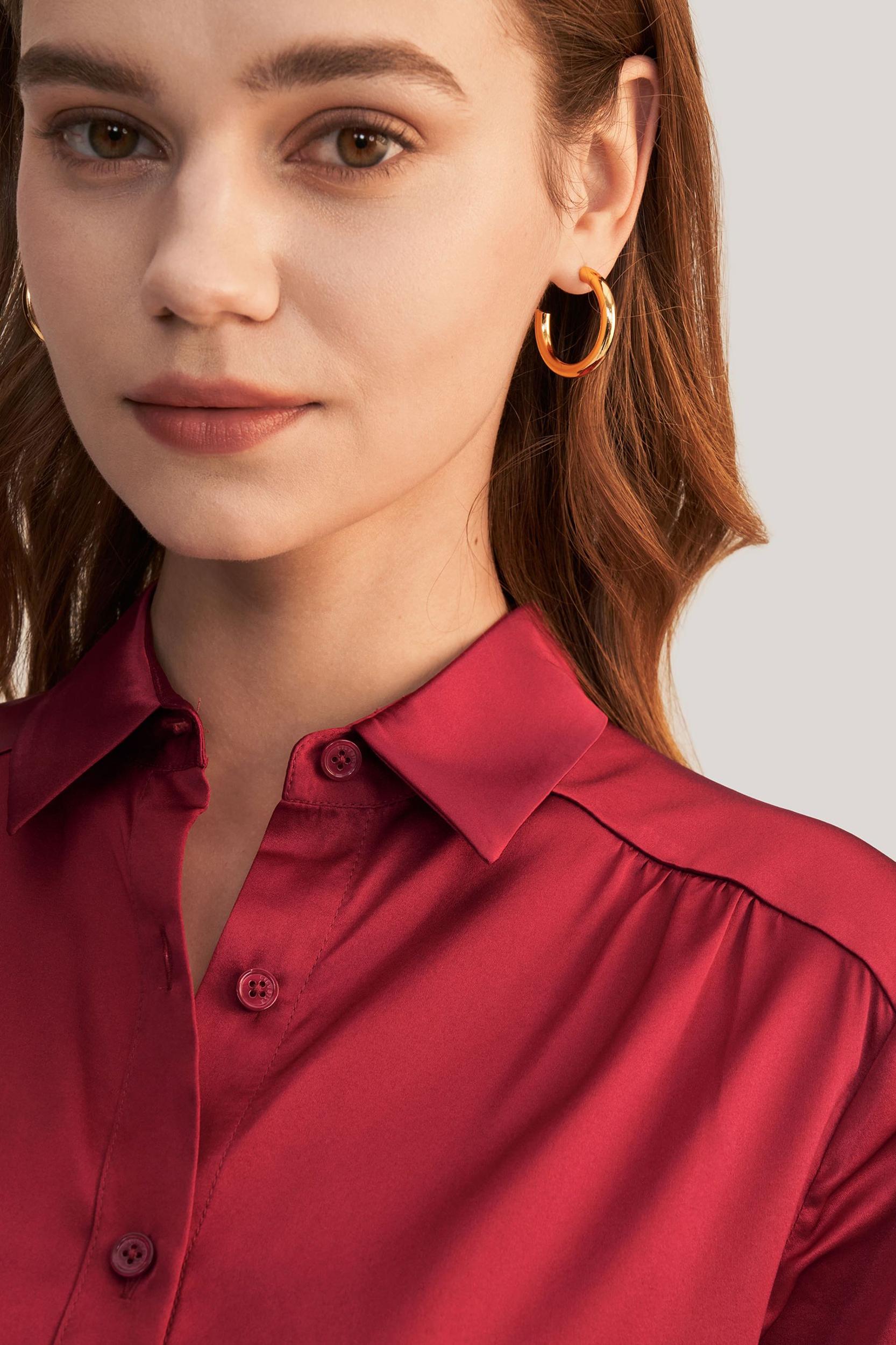 Long Sleeves Collared Silk Blouse Product Image