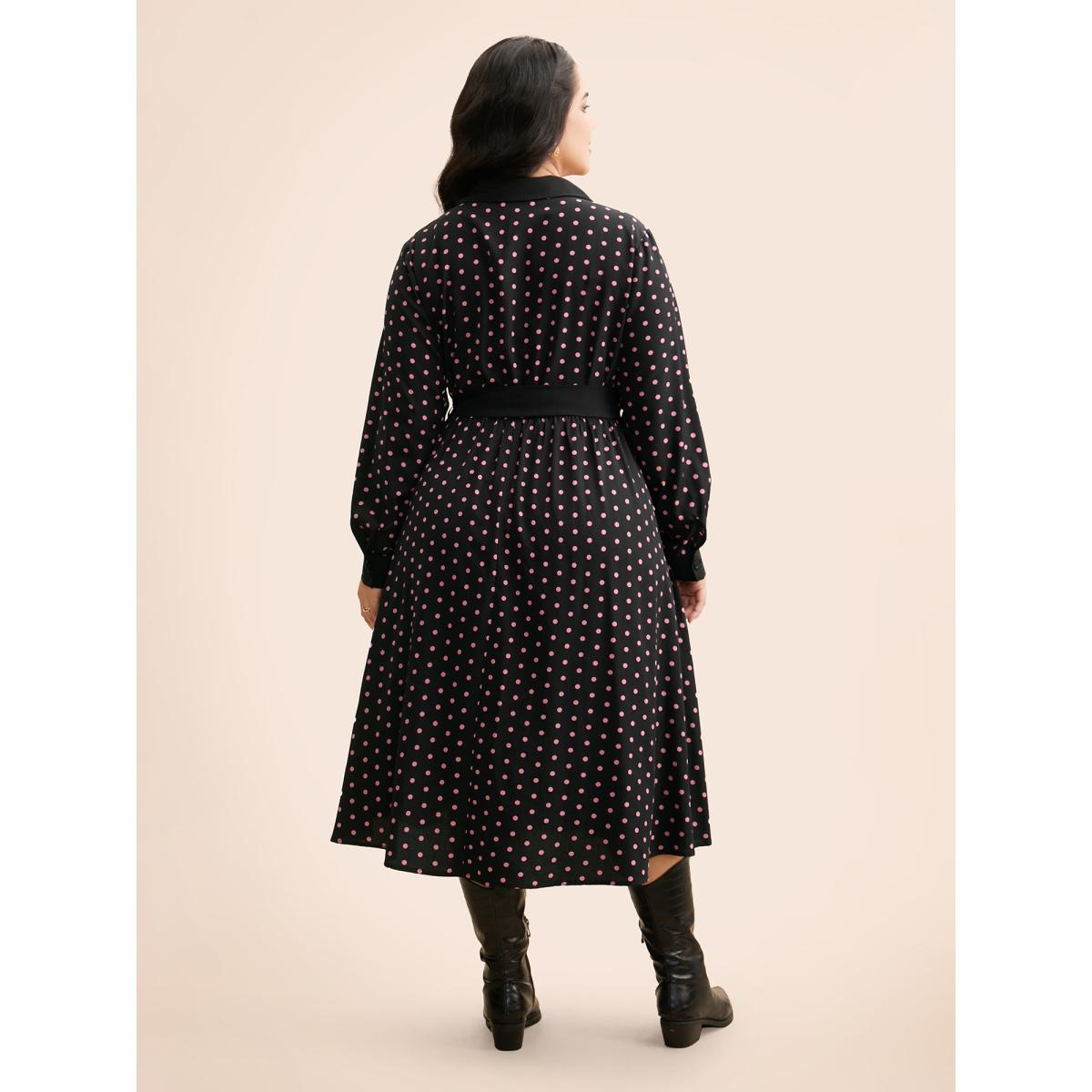 Plus Size Polka Dot Suit Collar Belted Dress Black Women Elegant Belted Suit Collar Long Sleeve Curvy BloomChic 12/L Product Image