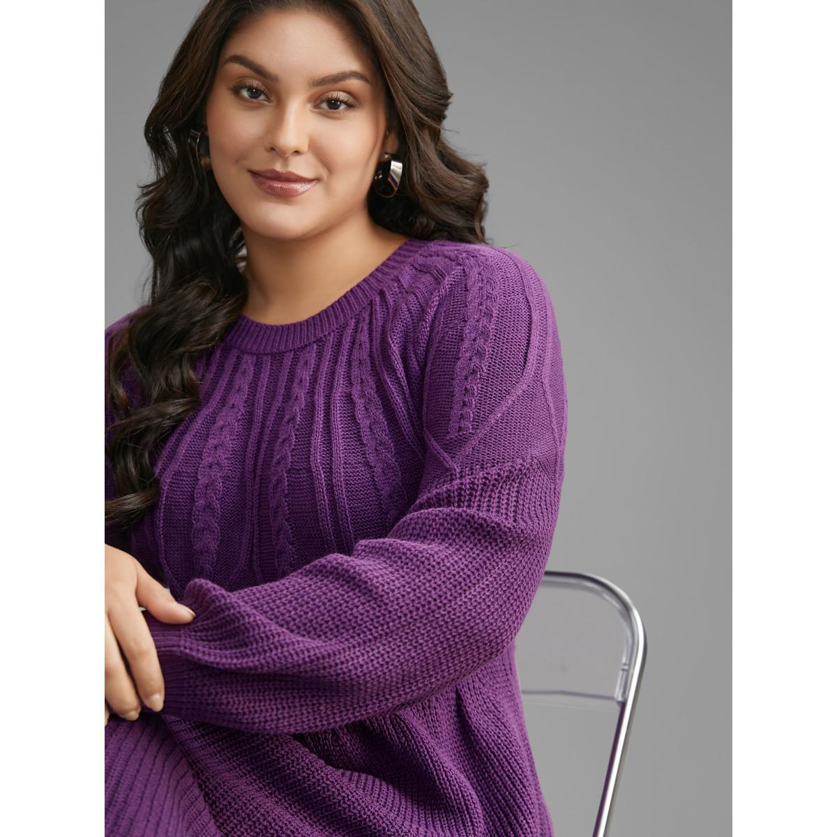 Plus Size Cable Knit Texture Raglan Sleeve Pullover DarkViolet Women Elegant Bodycon Long Sleeve Everyday Sweater Dresses BloomChic 28/5X Product Image