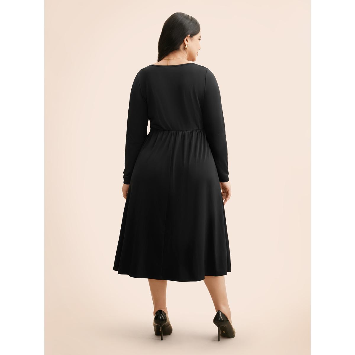 Plus Size Crew Neck Button Detail Dress Black Women At the Office Button Round Neck Long Sleeve Curvy BloomChic 30/6X Product Image