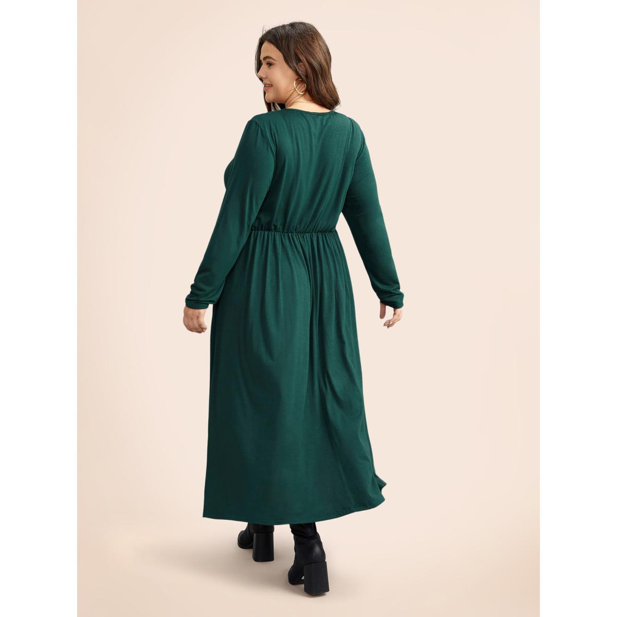 Plus Size Supersoft Essentials Ruched Wrap Pleated Hem Dress DarkGreen Women Casual Non Overlap Collar Long Sleeve Curvy Midi Dress BloomChic 14-16/1X Product Image