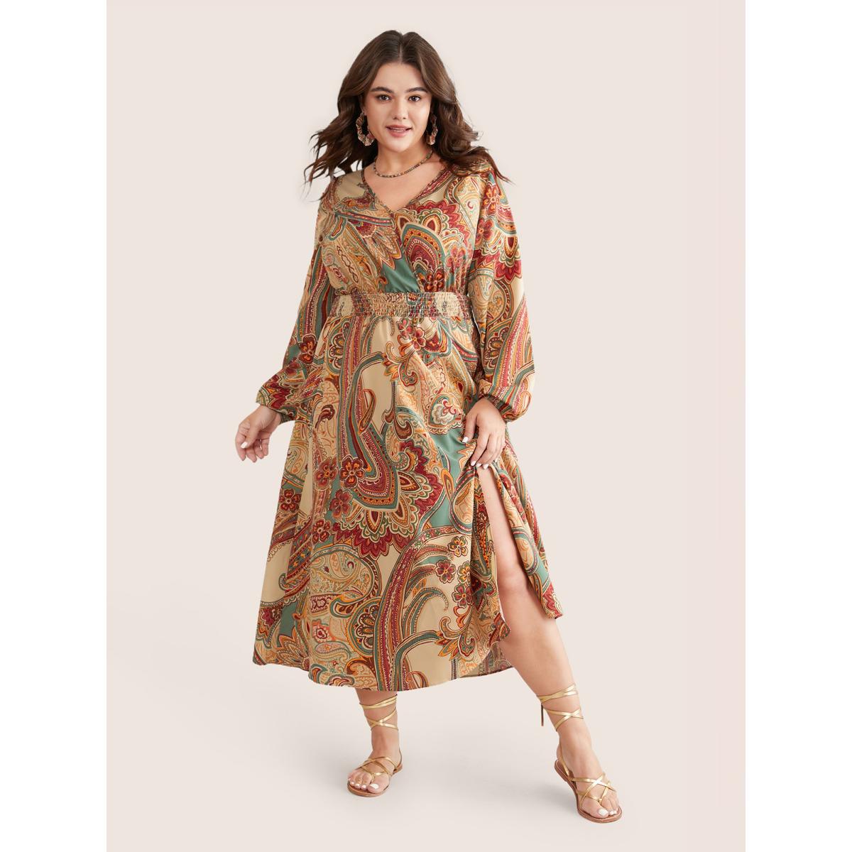 Plus Size Paisley Shirred Split Side Overlap Collar Dress Apricot Women Vacation Elastic cuffs Overlap Collar Long Sleeve Curvy Midi Dress BloomChic 14-16/1X Product Image
