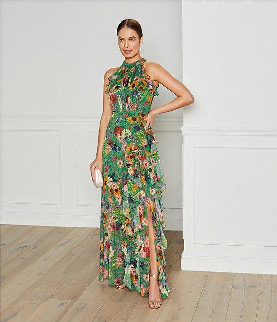 Betsy & Adam Halter Neck Sleeveless Ruffle Front Floral Chiffon Maxi Dress Product Image