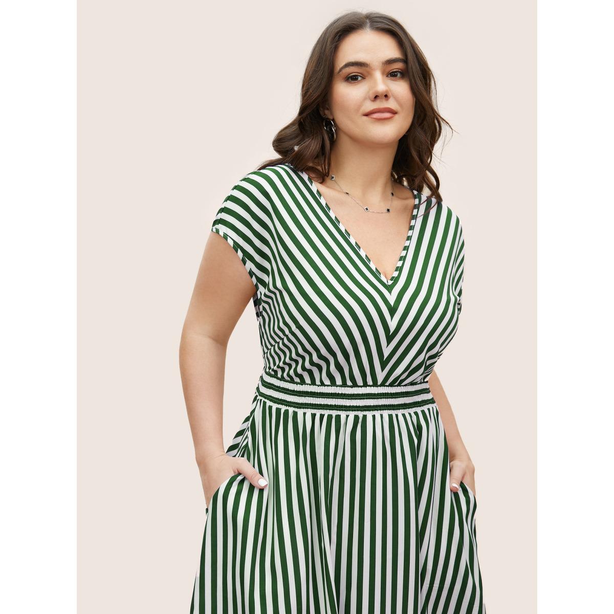 Plus Size Striped Shirred Dolman Sleeve Dress Truegreen Women At the Office V-neck Cap Sleeve Curvy BloomChic 26/4X Product Image