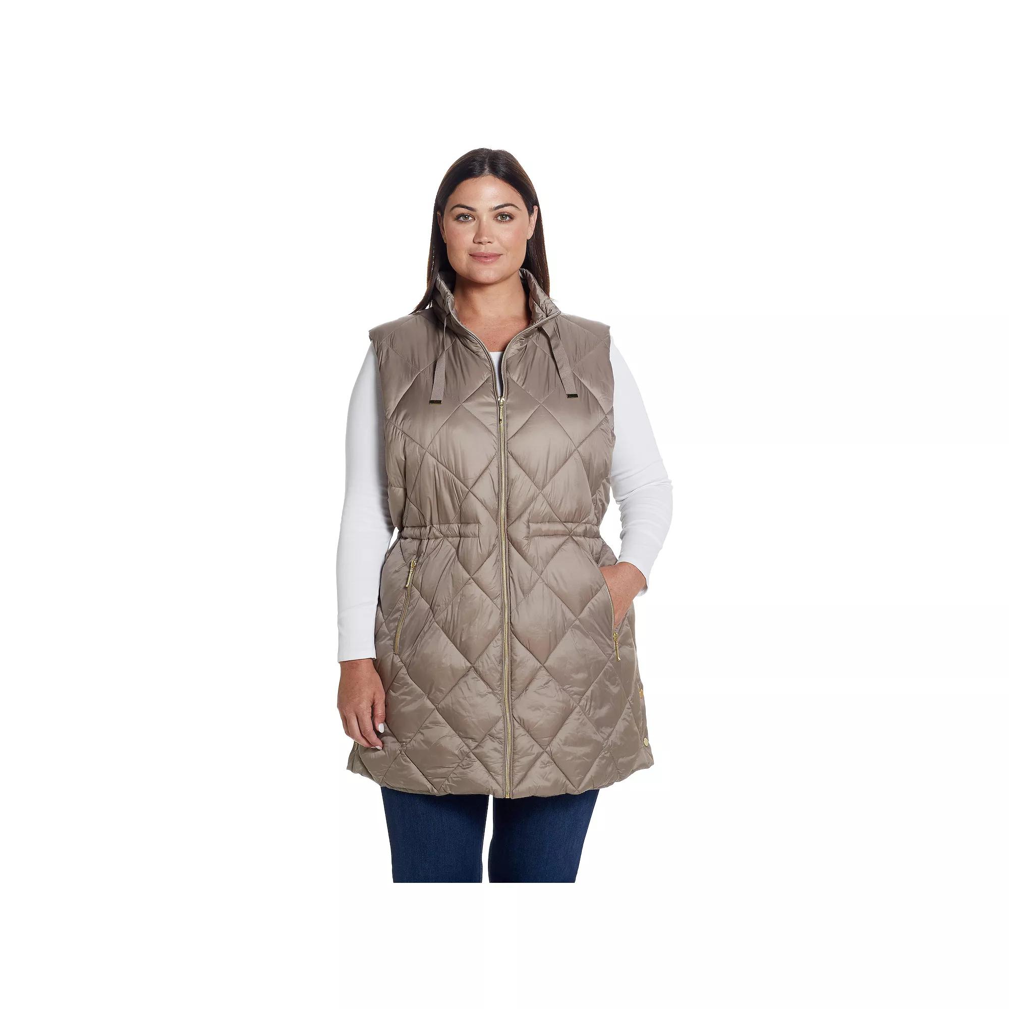 Plus Size Weathercast Diamond Quilted Puffer Longline Vest with Cinched Waist, Women's, Size: 3XL, Brown Product Image