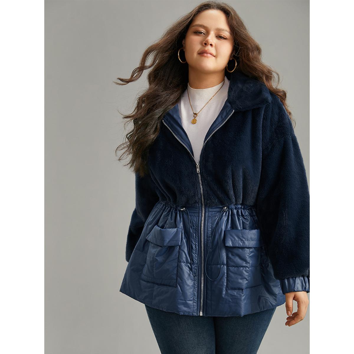 Plus Size Fuzzy Patchwork Zipper Drawstring Coat Women Indigo Casual Plain Ladies Dailywear Winter Coats BloomChic 14-16/1X Product Image