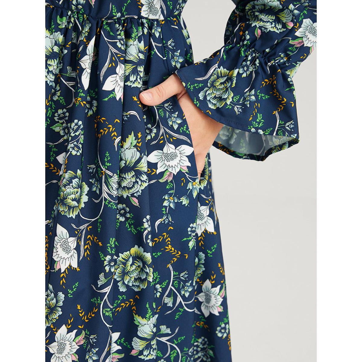 Plus Size Floral Lantern Sleeve Pocket Split Wrap Flutter Hem Maxi Dress DarkBlue Women Vacation Slit V-neck Long Sleeve Curvy Long Dress BloomChic 10/M Product Image