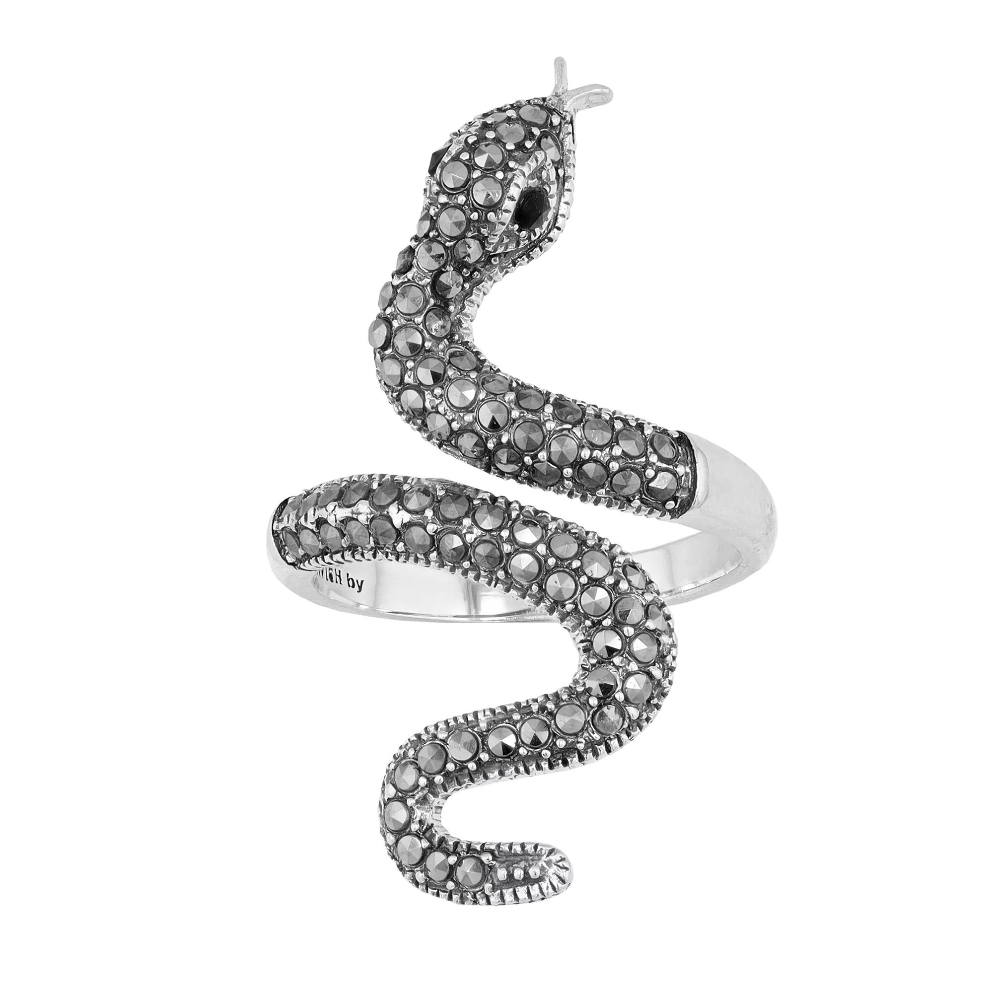 Lavish by TJM Sterling Silver Black Spinel & Marcasite Serpent Ring, Women's, Size: 7 Product Image